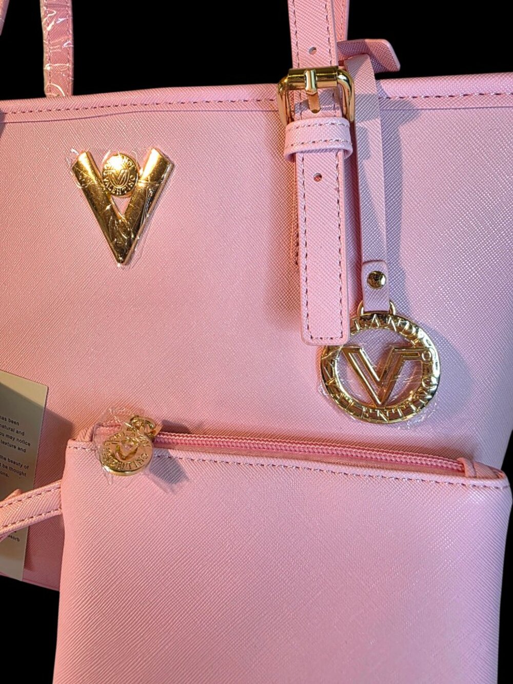 Pink Faux Leather Mid-Sized Tote with Accessory Pouch by Valentino Orlandi  NWT - Picture 3 of 5